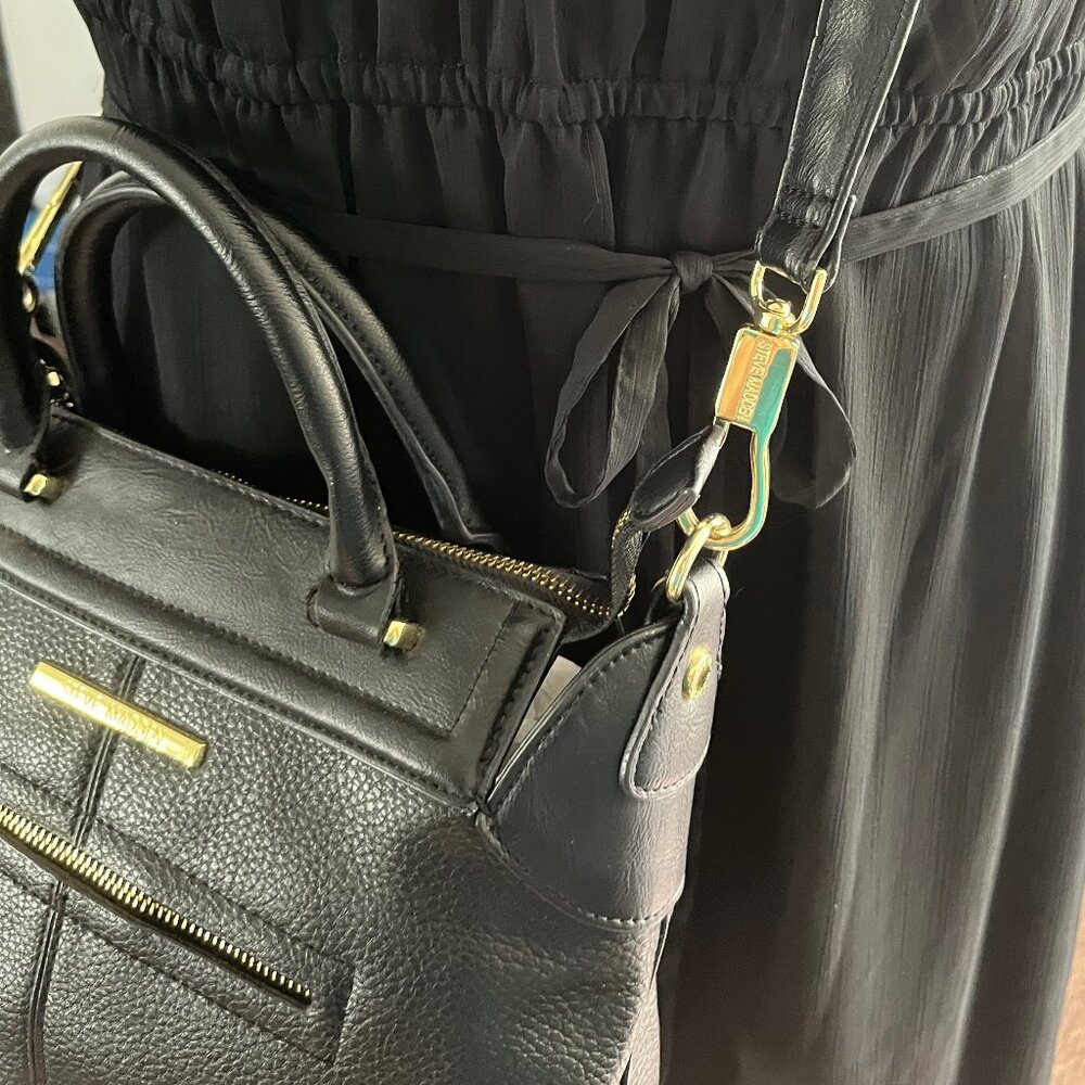STEVE MADDEN WOMEN"S HANDBAG SHOULDER TOTE BLACK FAUX LEATHER GOLD TONE HARDWARE
